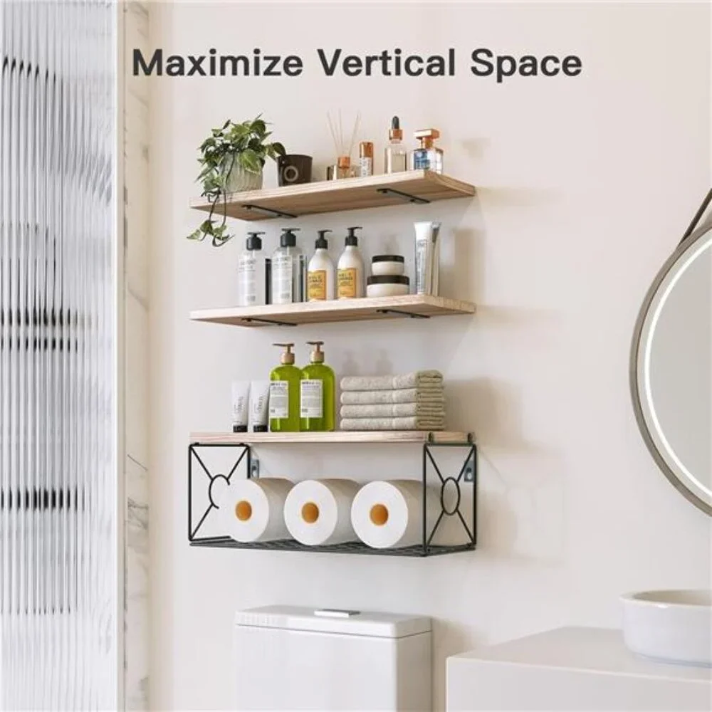 Bathroom Shelves Over Toilet with Storage Basket, Floating Shelves Wall Shelves
